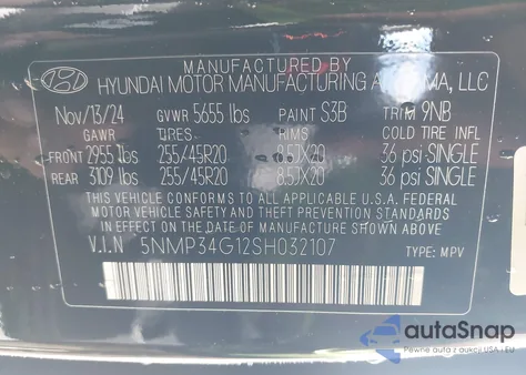 2025 Hyundai Santa Fe Limited from USA, damaged, VIN 5NMP34G12SH032107